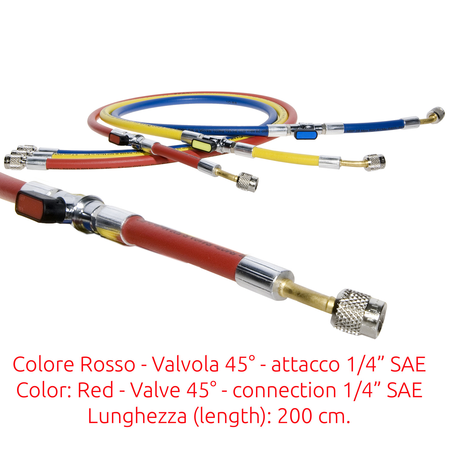 Charging Hose 1/4 SAE - 45° J2196 L - 200 cm (high quality - original Continental) with Ball Valve RED - Package # 1 pc.