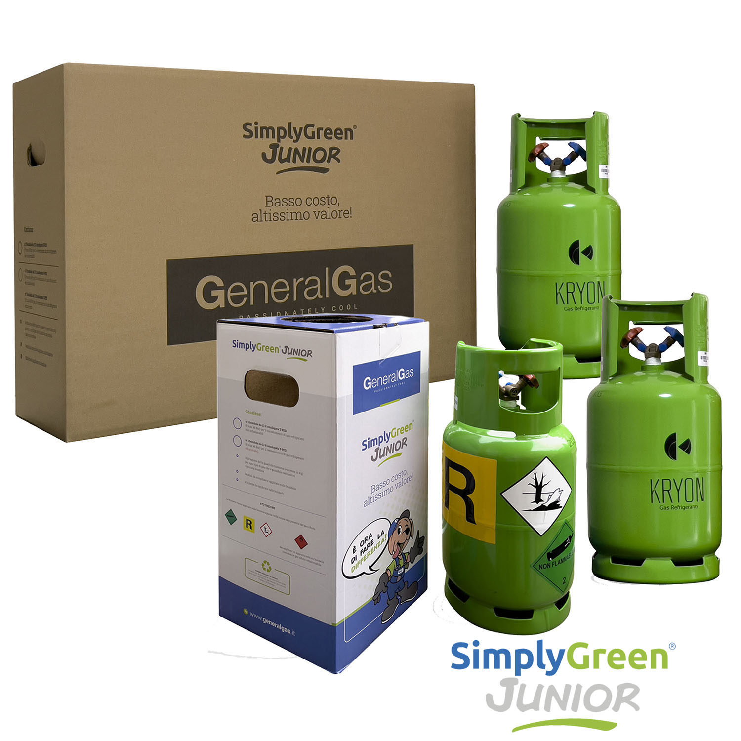 SimplyGreen Junior - n° 3 bombole 13 litri per gas non infiammabili - abbonamento annuale per Smaltimento e Rigenerazione Rifiuti F-Gas