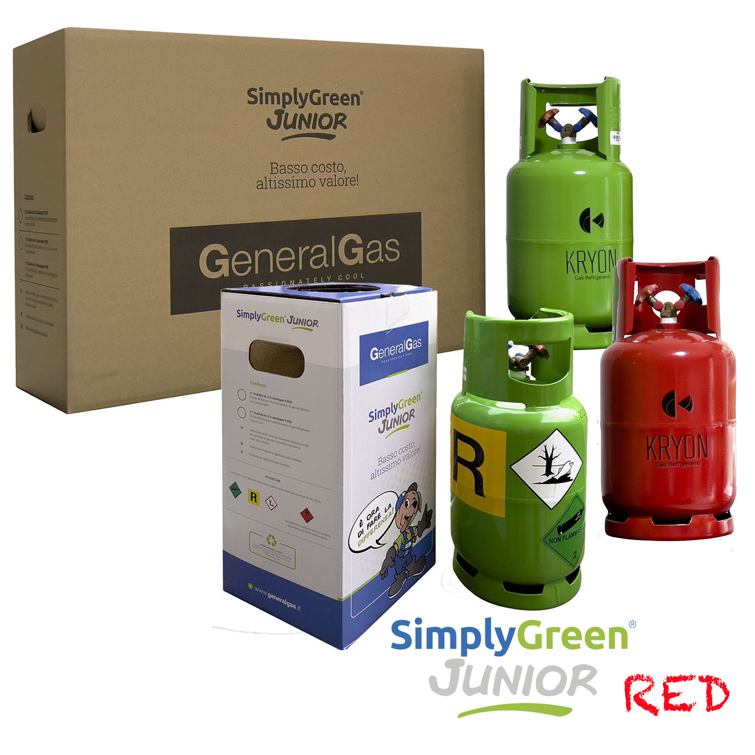 SimplyGreen Junior RED - n° 3 bombole 13 litri (2 x gas non infiammabili + 1 x gas infiammabili) - abbonamento annuale per Smaltimento e Rigenerazione Rifiuti F-Gas