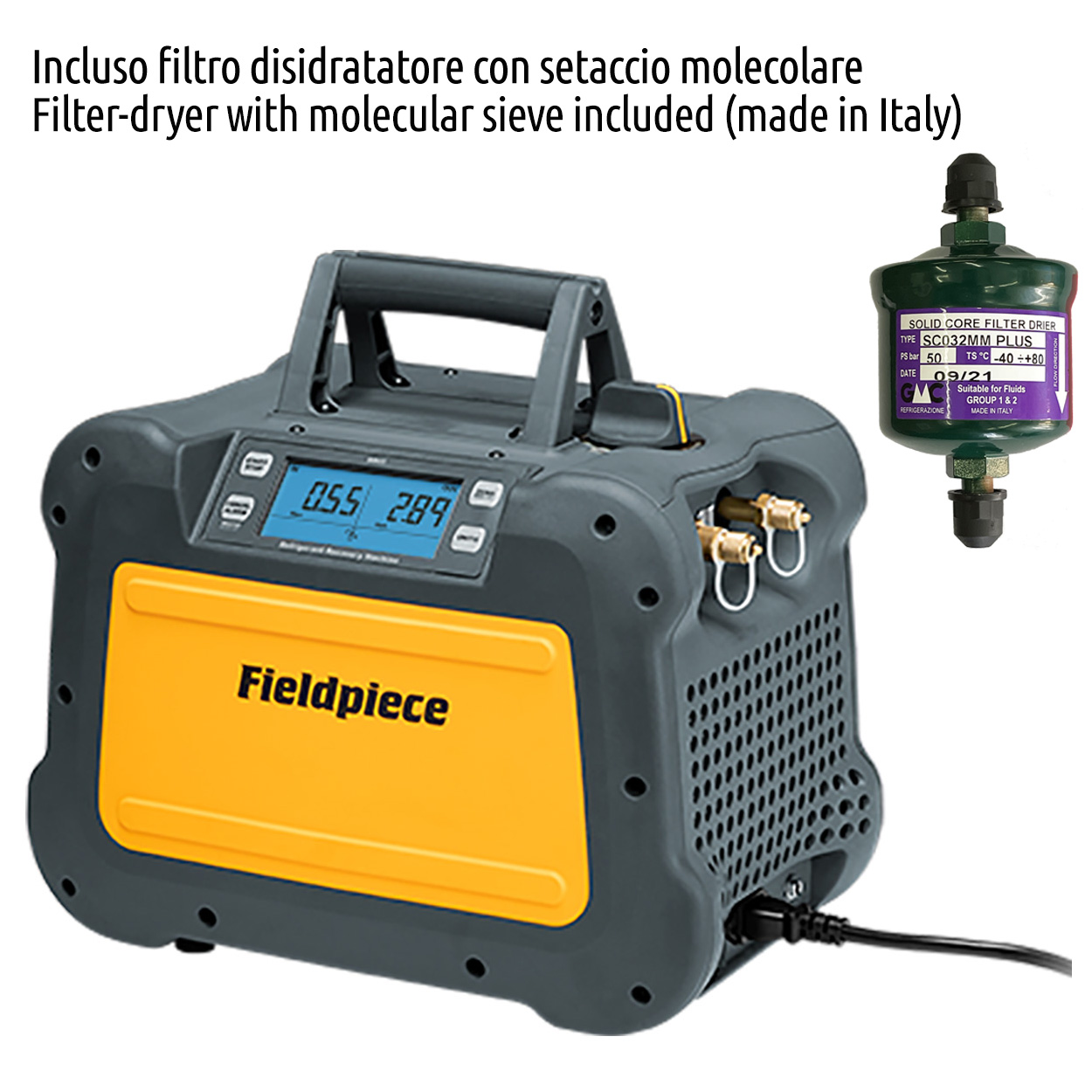 Fieldpiece USA - MR45INT - Recuperatore gas refrigerante digitale da 1 HP - 0,75 Kw completo di filtro disidratatore e raccordo