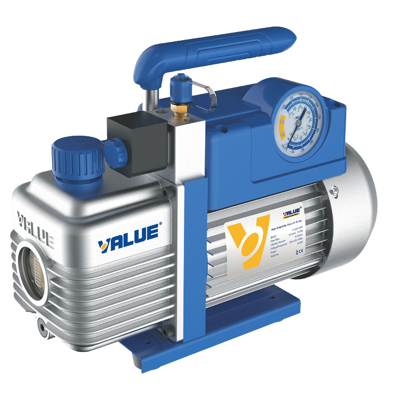 Vacuum pump, double stage, suitable for A2L, flow rate 51 litri/minute, motor 1/3 HP, vacuum rate  2 x10(-2) mbar - 0,02 mbar/2 Pa/15 micron - with solenoid valve and vacuum gauge
