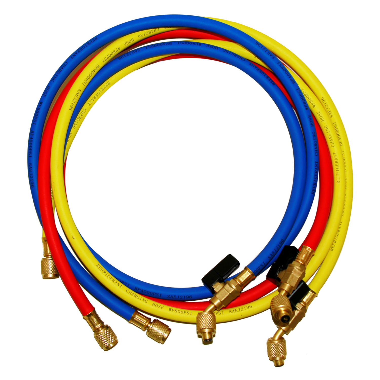 Kit n° 3 charging hoses R410A/R32 (red + yellow + blue) - lenght 150 cm. - connection 5/16 SAE on 45° check valve side, connection 1/4 SAE on straight side
