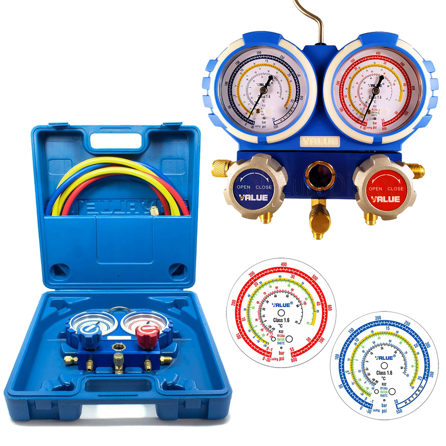 VMG-2-R32-B Manifold Gauge (analogic) - 2 ways - gauges dia. 68 mm. - residential A/C (R32, R410A, R407C) in blow case with kit 3 hoses length 120 cm. - declaration of conformity with serial number of the instrument supplied