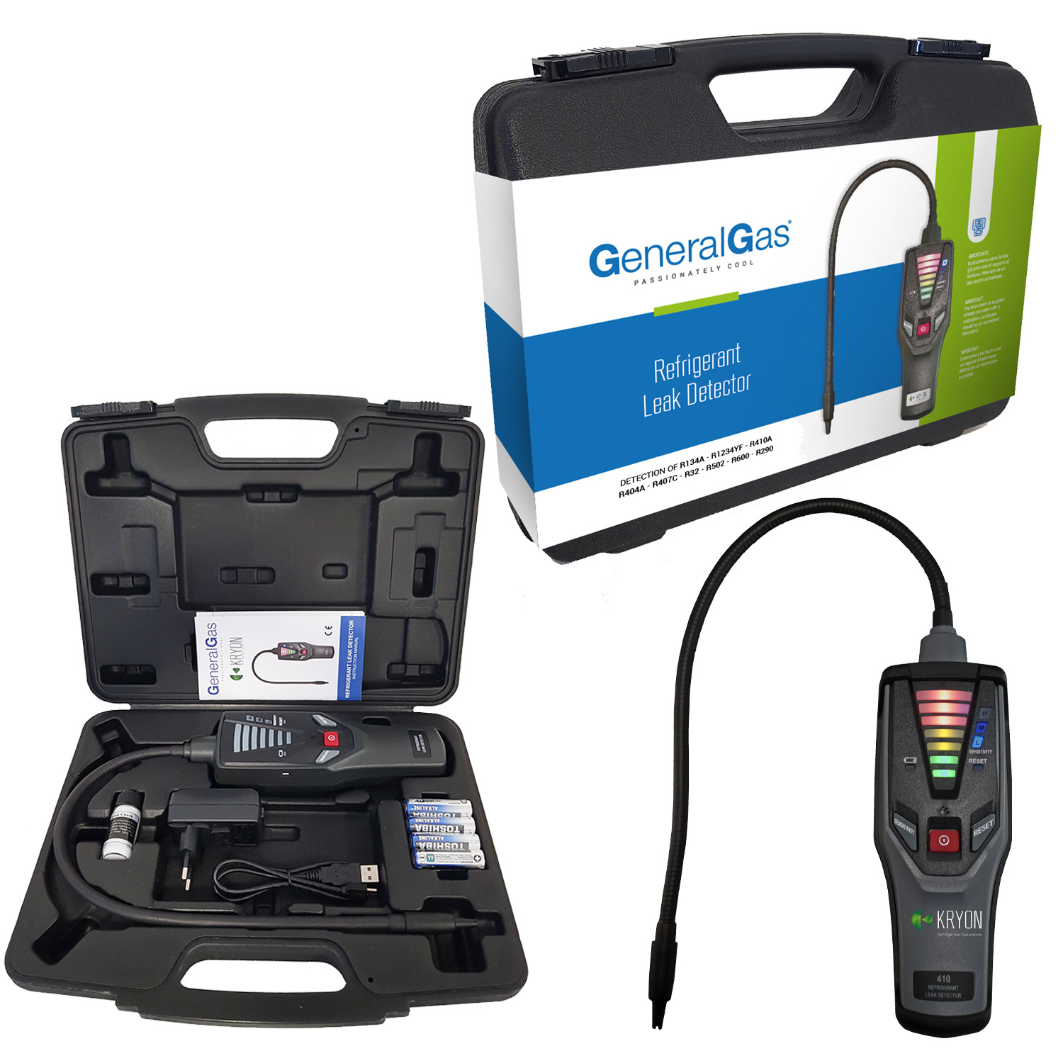 Universal Electronic Leak Detector Kryon® for all Refrigerants HFC/HFO, 1234yf, gas mixture of Nitrogen/5% Hydrogen, R290 and R600a - certificate of calibration included