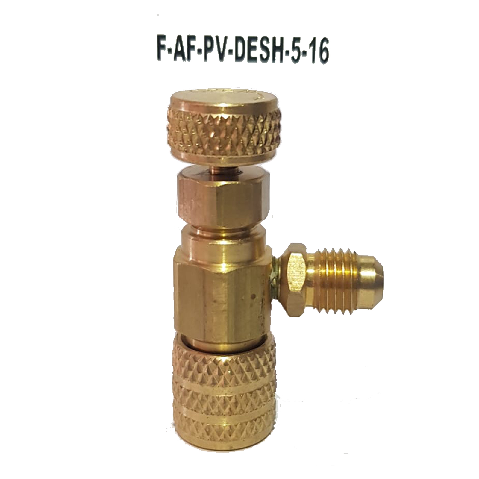 Retention control valve (shut-off) with depressor, for Schrader needle valves - 5/16 SAE female inlet and 1/4 SAE male side outlet - made in USA