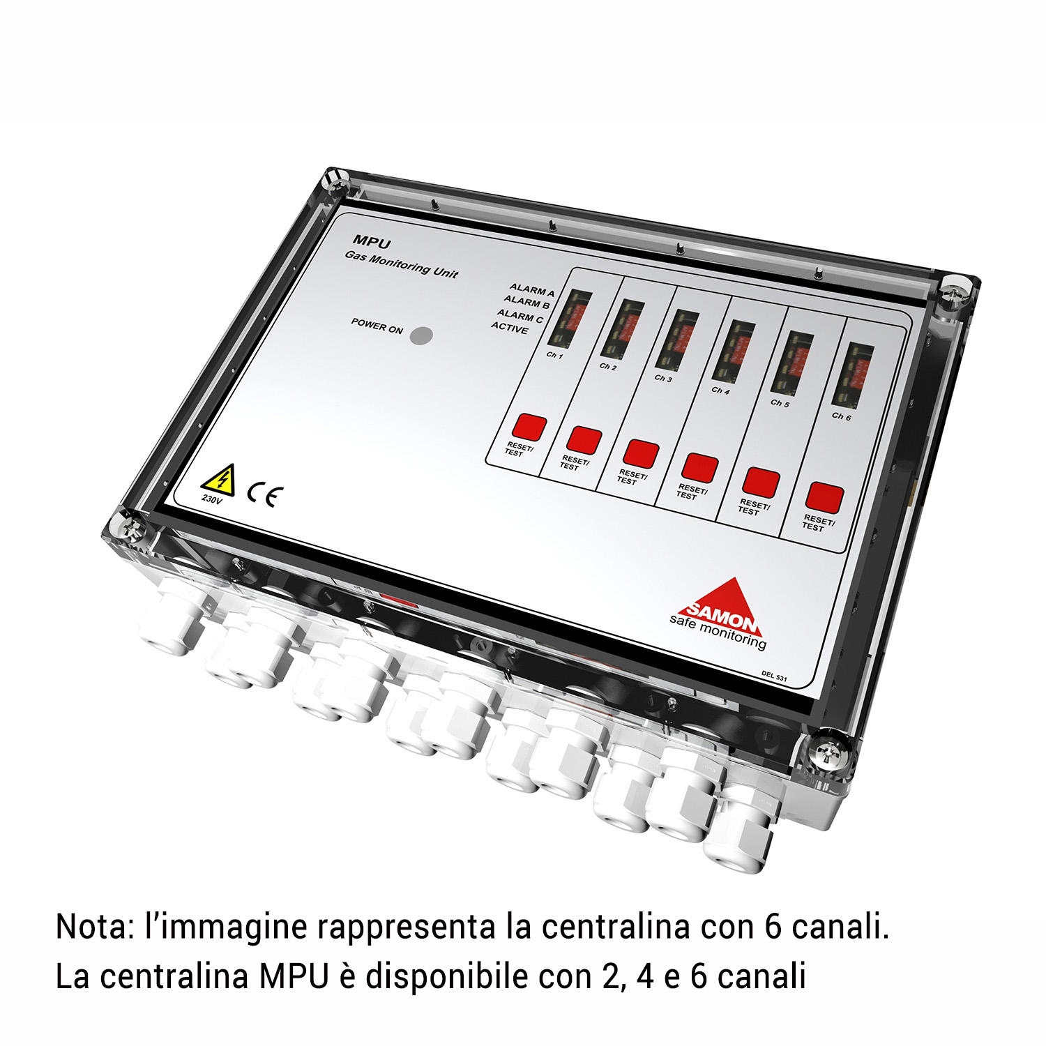 SAMON MPU4C: MPU control unit - 4-channel multi-zone control unit with light + acoustic alarm (for HFC, HFO and CO2) - unit with relay output, connectable to external sensors (supplied separately)