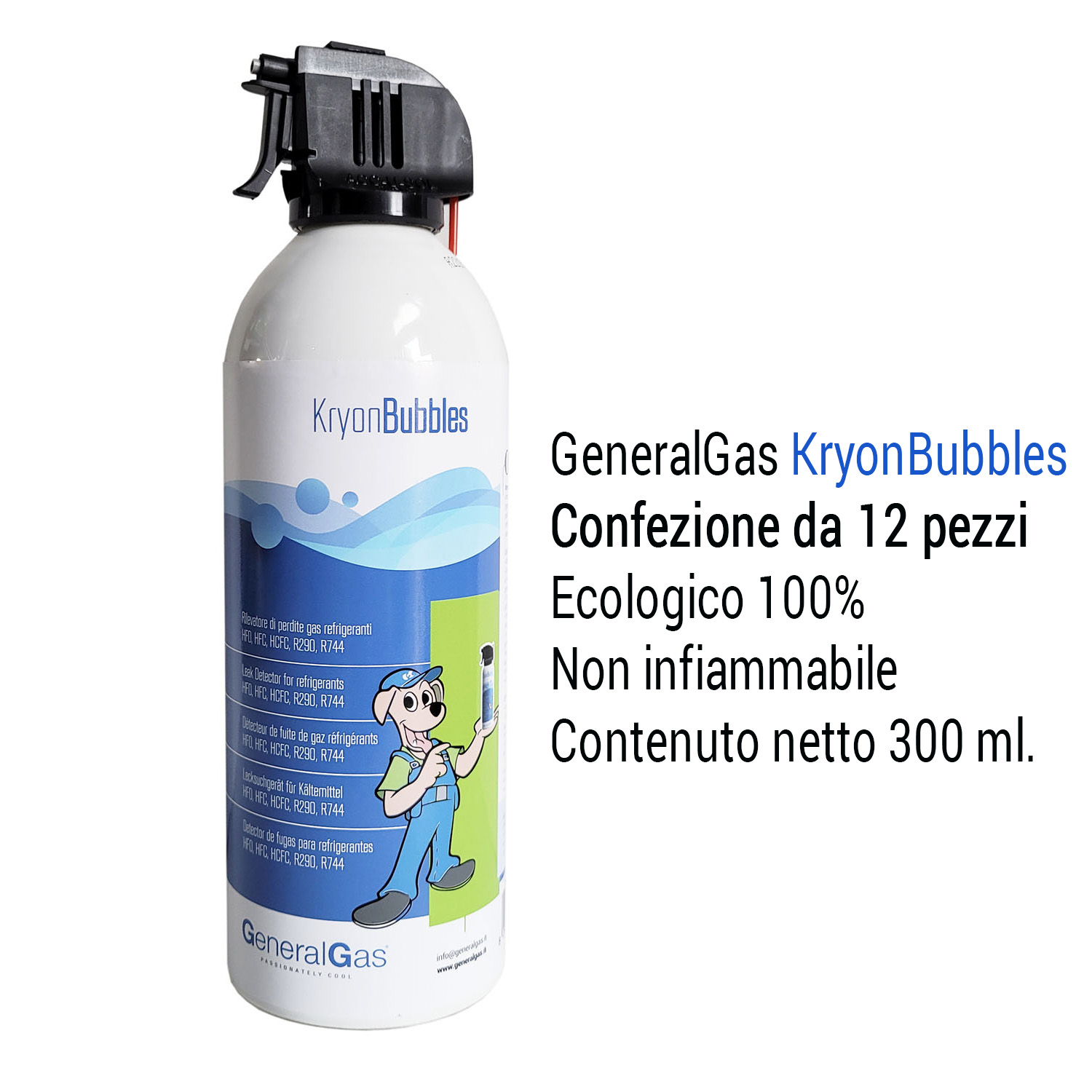 12 x KryonBubbles - Professional non-flammable foaming leak detector for refrigerant gases HFO, HFC, R290, R744 - in 400 ml aluminum spray can - net content excluding propellant 300 ml. - pack 12 pieces