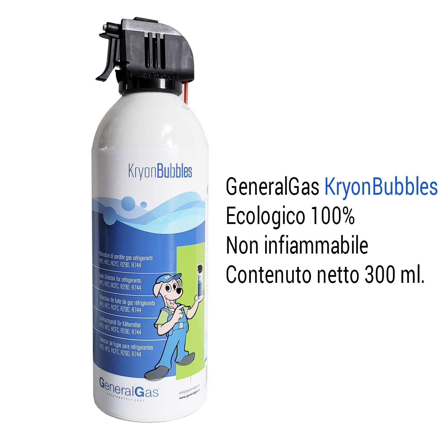 KryonBubbles - Cercafughe schiumogeno professionale non infiammabile per gas refrigeranti HFO, HFC, R290, R744 - in bomboletta spray alluminio da 400 ml - contenuto netto escluso propellente 300 ml.