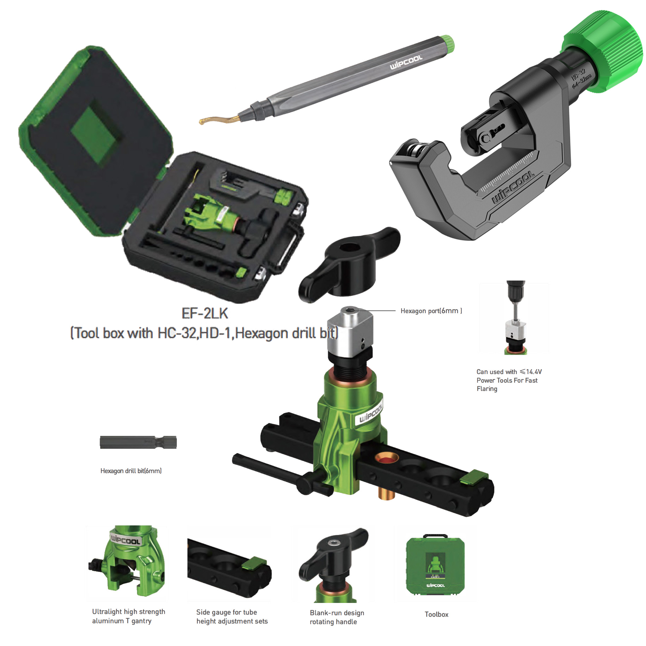 HVACR service tool kit composed by: flaring tool EF-2 + tube cutter HC-32 +  tube deburrer HD-1