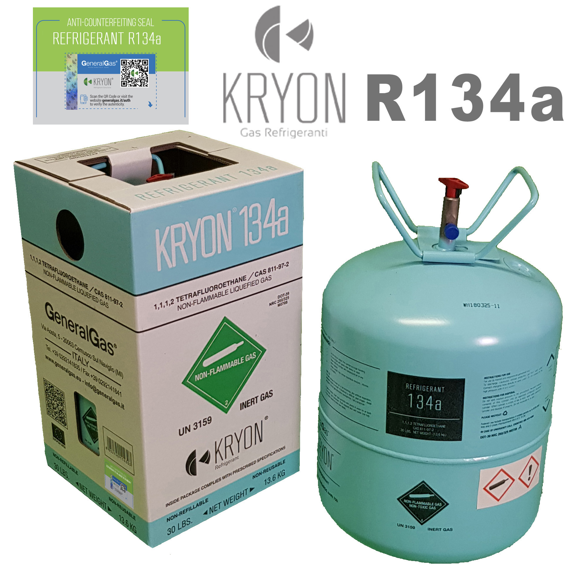 R134a Kryon® 134A in DOT39 (USA standard) non-refillable cylinder 13,77 Lt/22 Bar - valve ¼ SAE RH - net 13,6 kg/30 lb - MADE IN EU European Union (gas quality meets AHRI700-2019 std.)