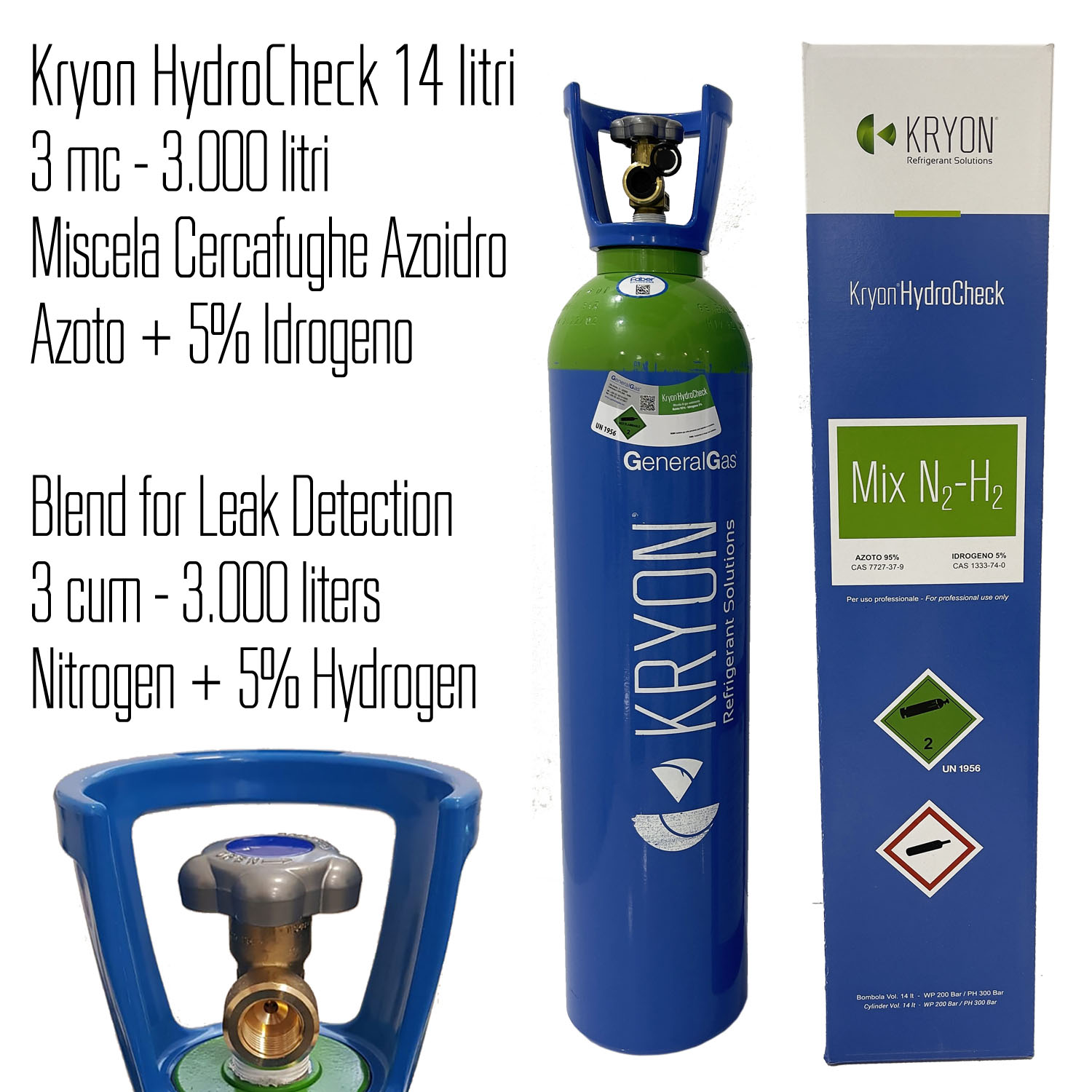 Kryon® HydroCheck 3000 lt - bombola azoto 5% idrogeno (miscela cercafughe azoidro) capacità 14 litri 200 bar - caricata con 3 mc di miscela, completa di valvola