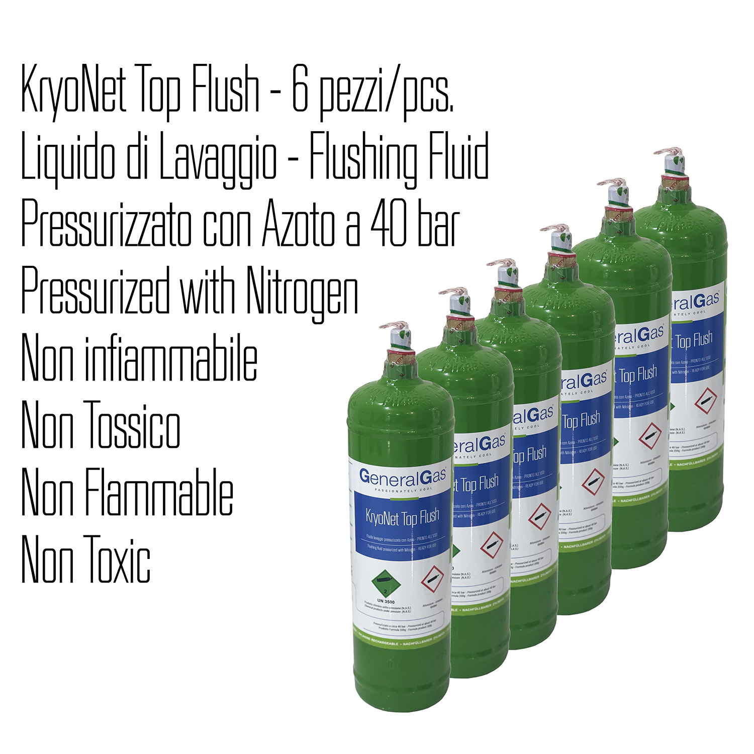 6 x KryoNet Top Flush - Flushing fluid non toxic and non flammable, pressurized with nitrogen 40 bar - ready to use - cylinder 1,1 Litri - 48 Bar - valve ¼ SAE RH male
