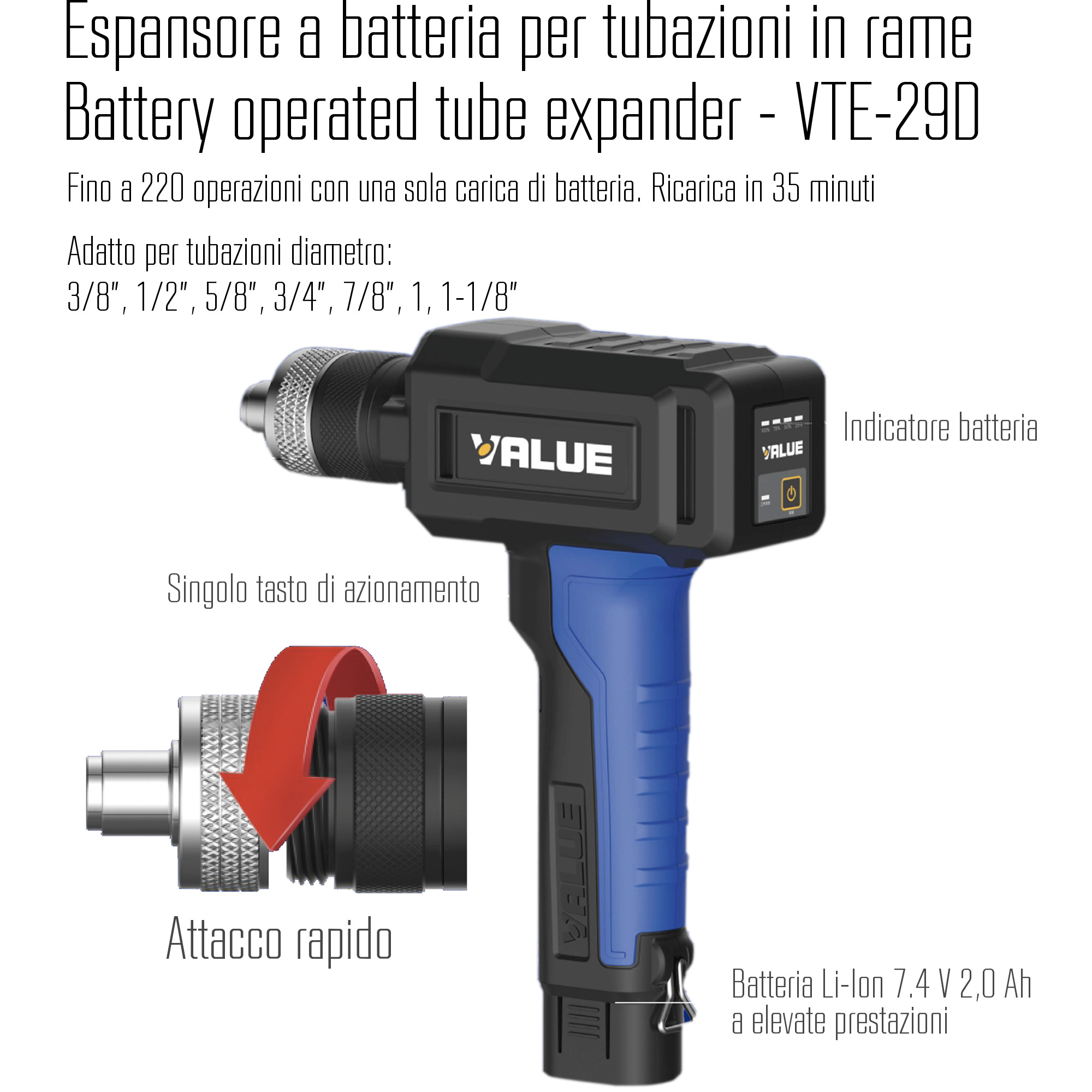 VALUE Copper tube expander HVACR - battery operated VTE-29D, suitable for copper tubes dia. ⅜, ½, ⅝, ¾, ⅞, 1, 1 ⅛ inches - with 2 batteries, packaged in blow case