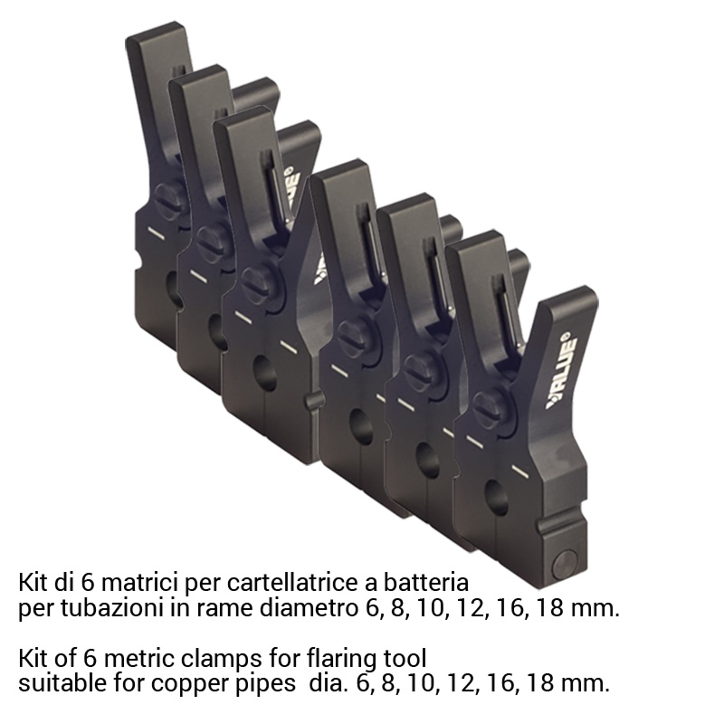 Kit of 6 clamps for flaring tool, battery operated VET-19LI - suitable for copper pipes dia. 6, 8, 10, 12, 16, 18 mm.