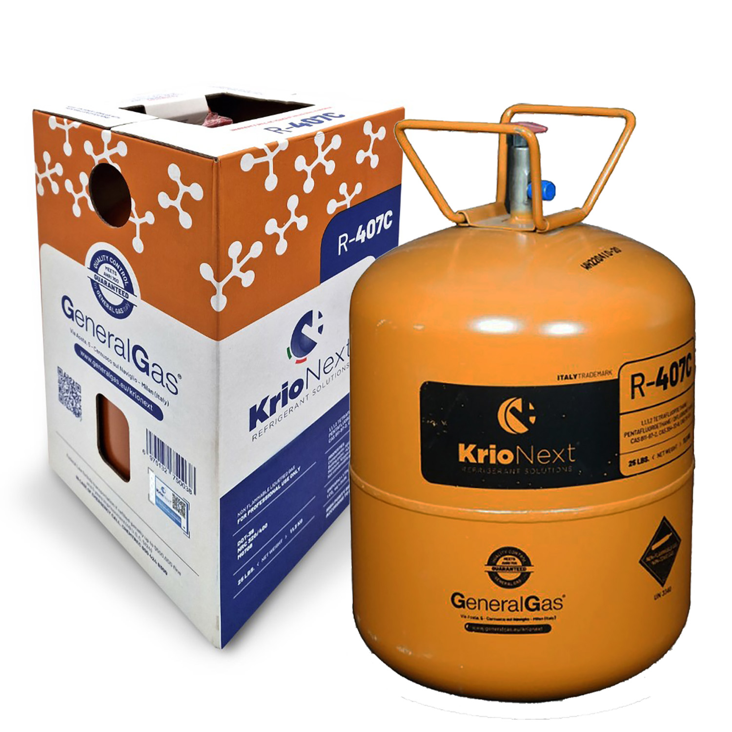 R407C KrioNext® 407C - DOT39 Non-refillable cylinder 13,77 Lt / 27 Bar - 11,3 kg/25 lb - Quality meets AHRI700-2019 USA standard (guaranteed by lab of GeneralGas Zhejiang Co. LTD.)