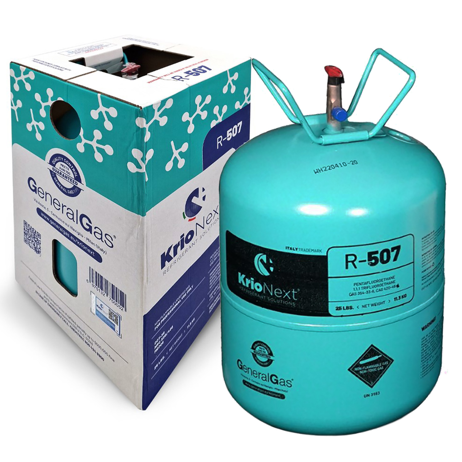 R507 KrioNext® 507 in DOT39 non-refillable cylinder 13,77 Lt / 27 Bar - 11,3 Kg/25 lb -Quality meets AHRI700-2019 USA standard (guaranteed by lab of GeneralGas Zhejiang Co. LTD.)