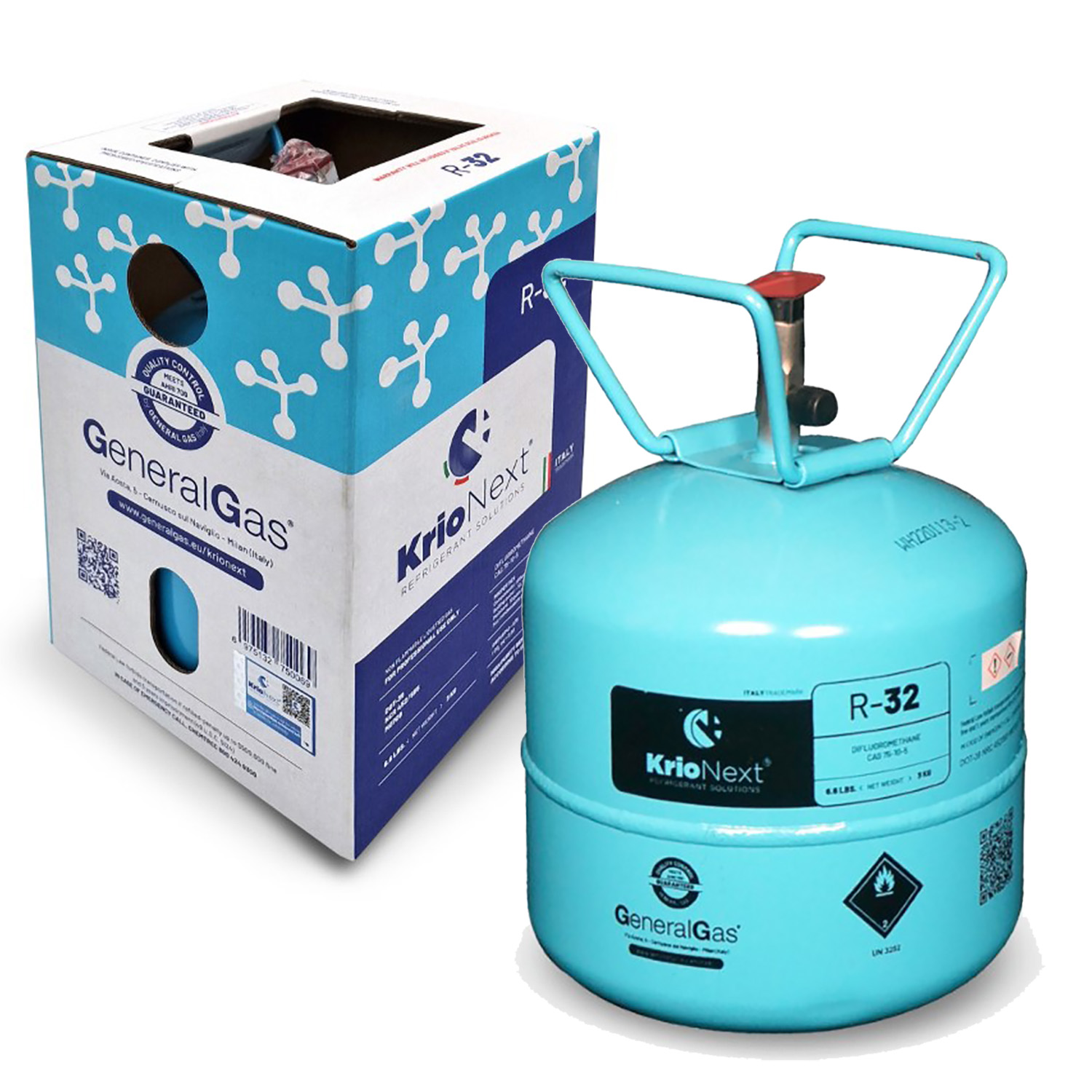 R32 KrioNext® 32 - in GB standard non-refillable cylinder 4,5 Lt / 27 Bar - 3,0 Kg - valve ¼ SAE RH - Quality meets AHRI700-2019 USA standard (guaranteed by lab of GeneralGas Zhejiang Co. LTD.)