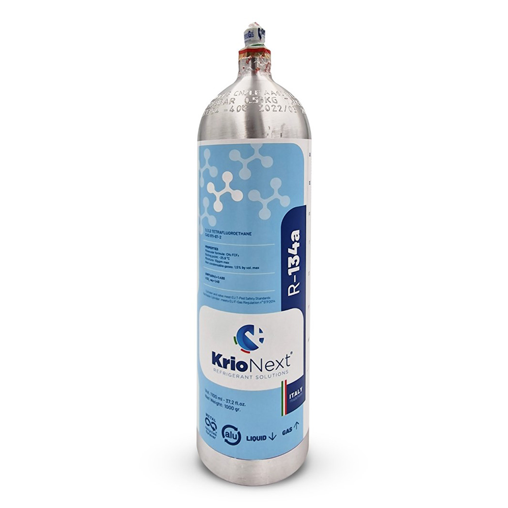 R134a KrioNext® 134a - Alu T-PED aluminum refillable cylinder 1,1 Lt / 1.000 grams - 48 bar - package 6 pcs. - valve ¼ SAE RH