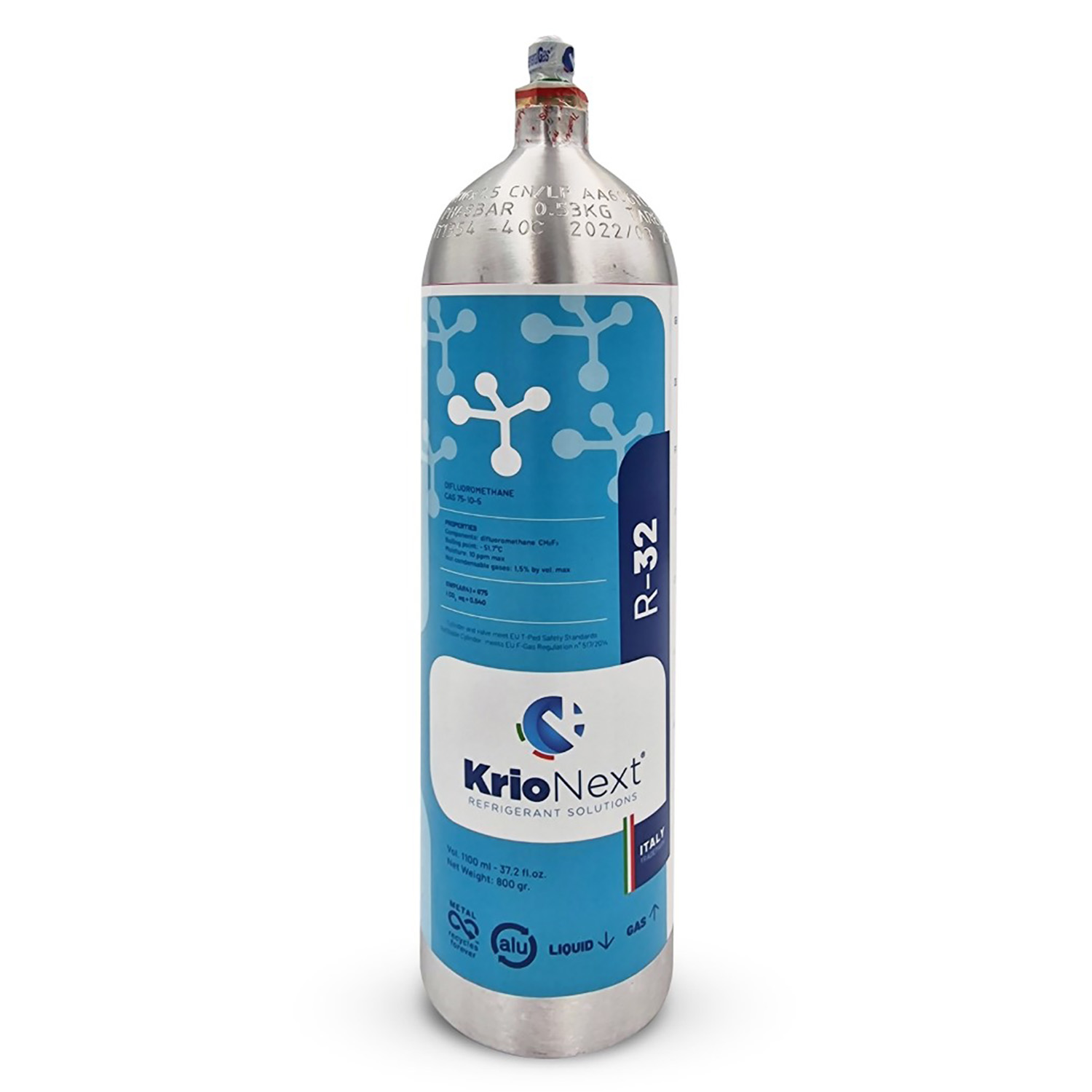 R32 KrioNext® 32 - Alu T-PED aluminum refillable cylinder 1,1 Lt / 800 grams - 48 bar - package 6 pcs. - valve ¼ SAE RH
