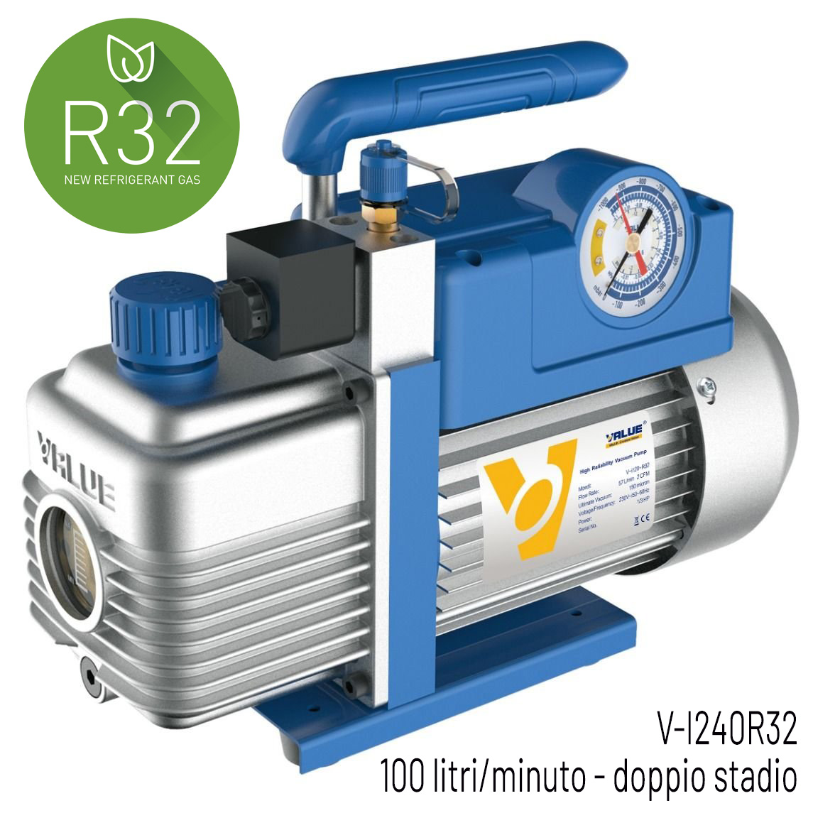 VALUE Vacuum pump, double stage, suitable for A2L, flow rate 100 litri/minute, motor 1/2 HP, vacuum rate  2 x10(-2) mbar - 0,02 mbar/2 Pa/15 micron - with solenoid valve and vacuum gauge