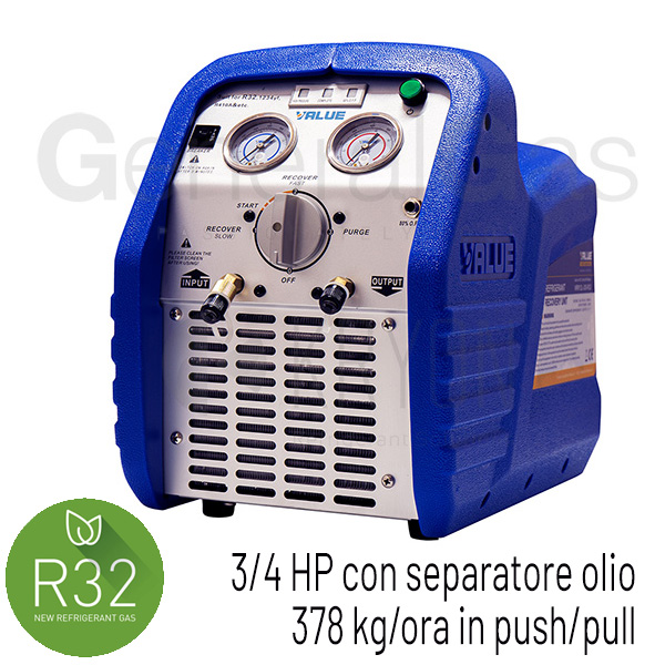 VALUE VRR12LOS-R32 - Recovery unit 3/4 HP with oil separator, 378 kg/hour push/pull mode, suitable for A2L refrigerants