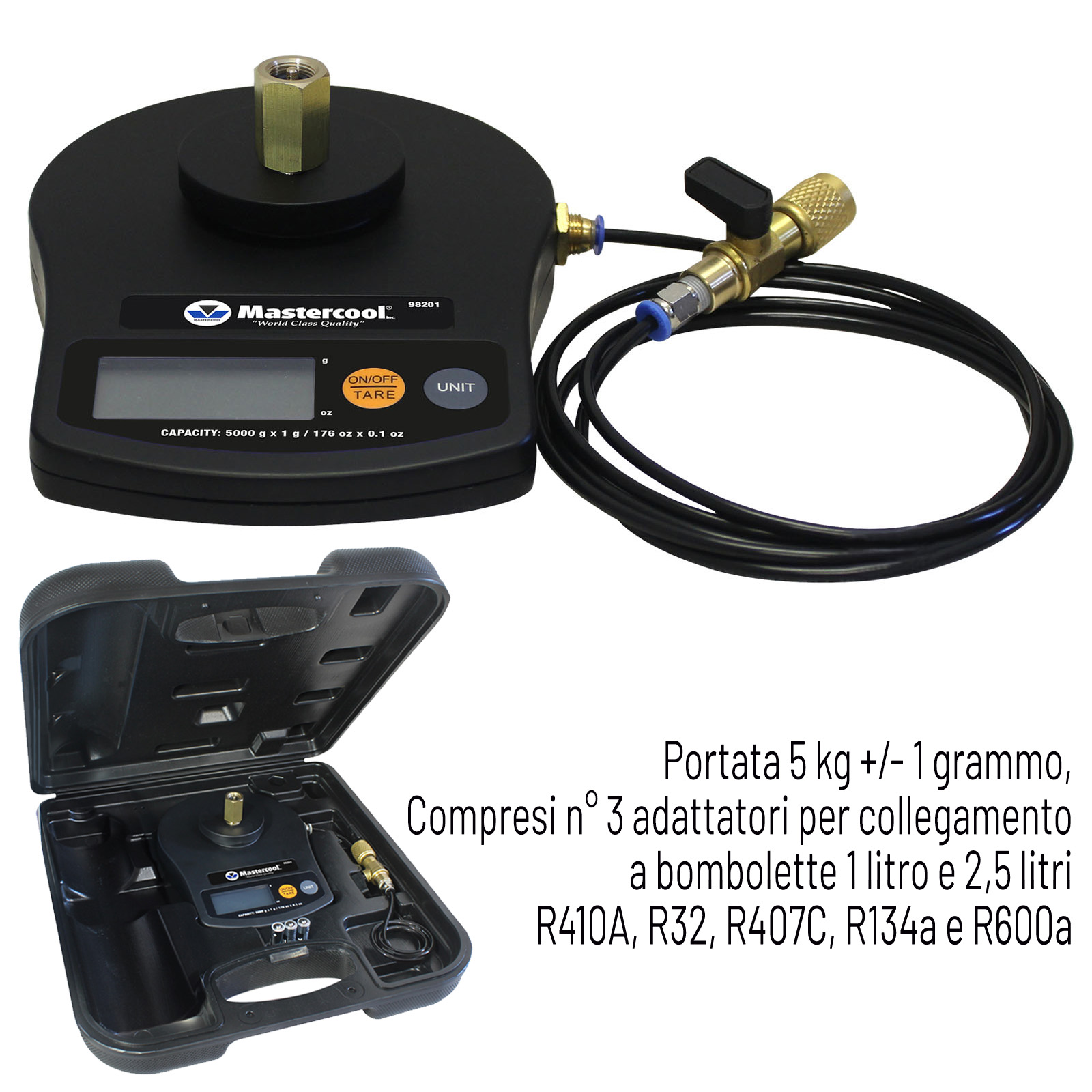 High precision Refrigerant Charging Scale (Mastercool), packaged in a custom molded plastic case - weighing capacity 5 kg +/- 1 gram, with 3 adapters (R600a, R410A, R407C, R134a)