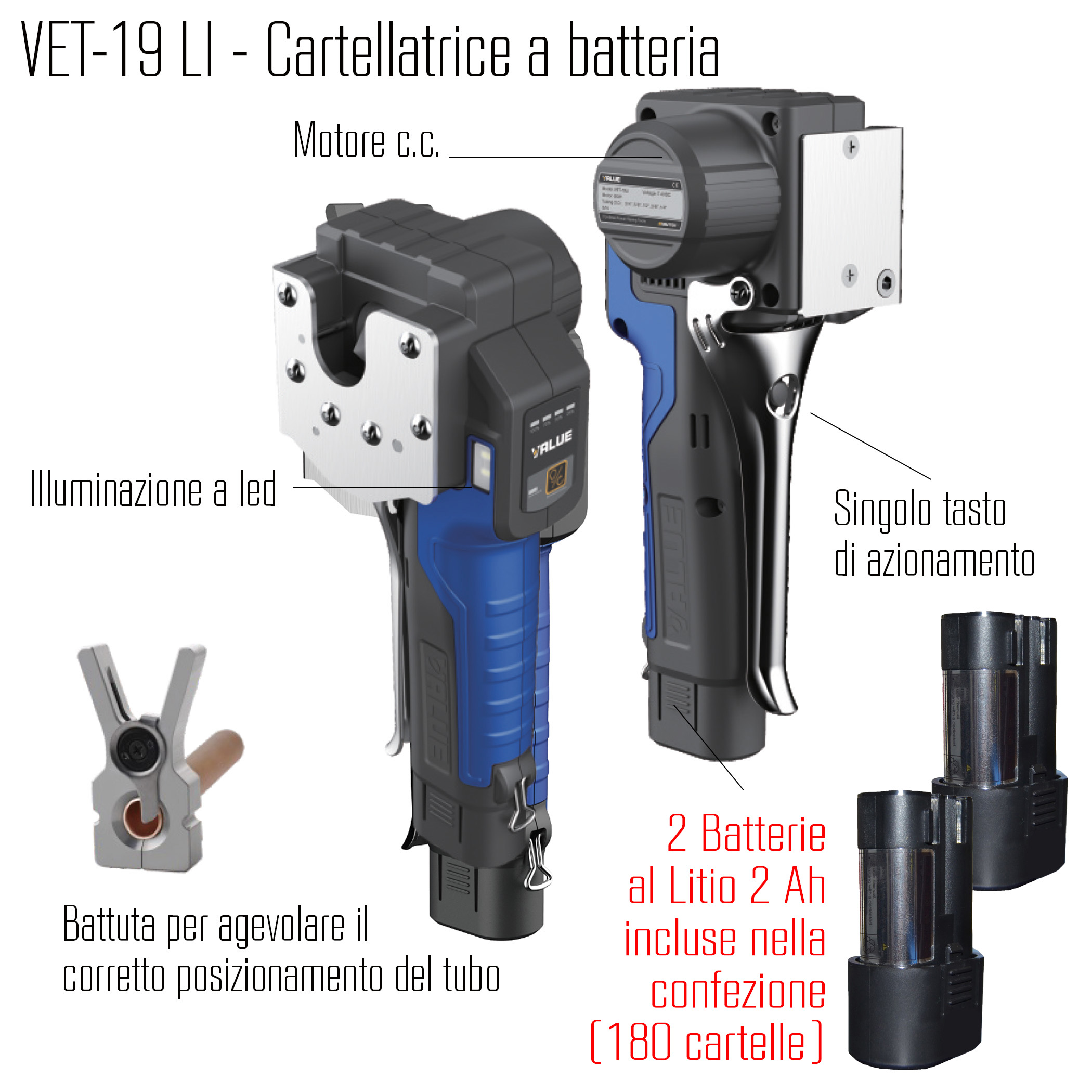 VALUE Flaring tool, battery operated VET-19LI for copper pipes dia. 1/4, 3/8, 1/2, 5/8 e 3/4 (clamps for copper pipes with metric sizes available separately) - with 2 batteries