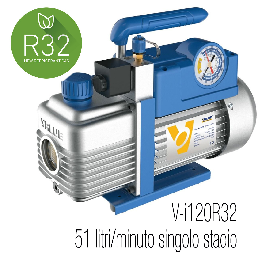 VALUE Vacuum pump, single stage, suitable for A2L, flow rate 51 litri/minute, motor 1/4 HP, vacuum rate  0,2 mbar/29 Pa/150 micron - with solenoid valve and vacuum gauge