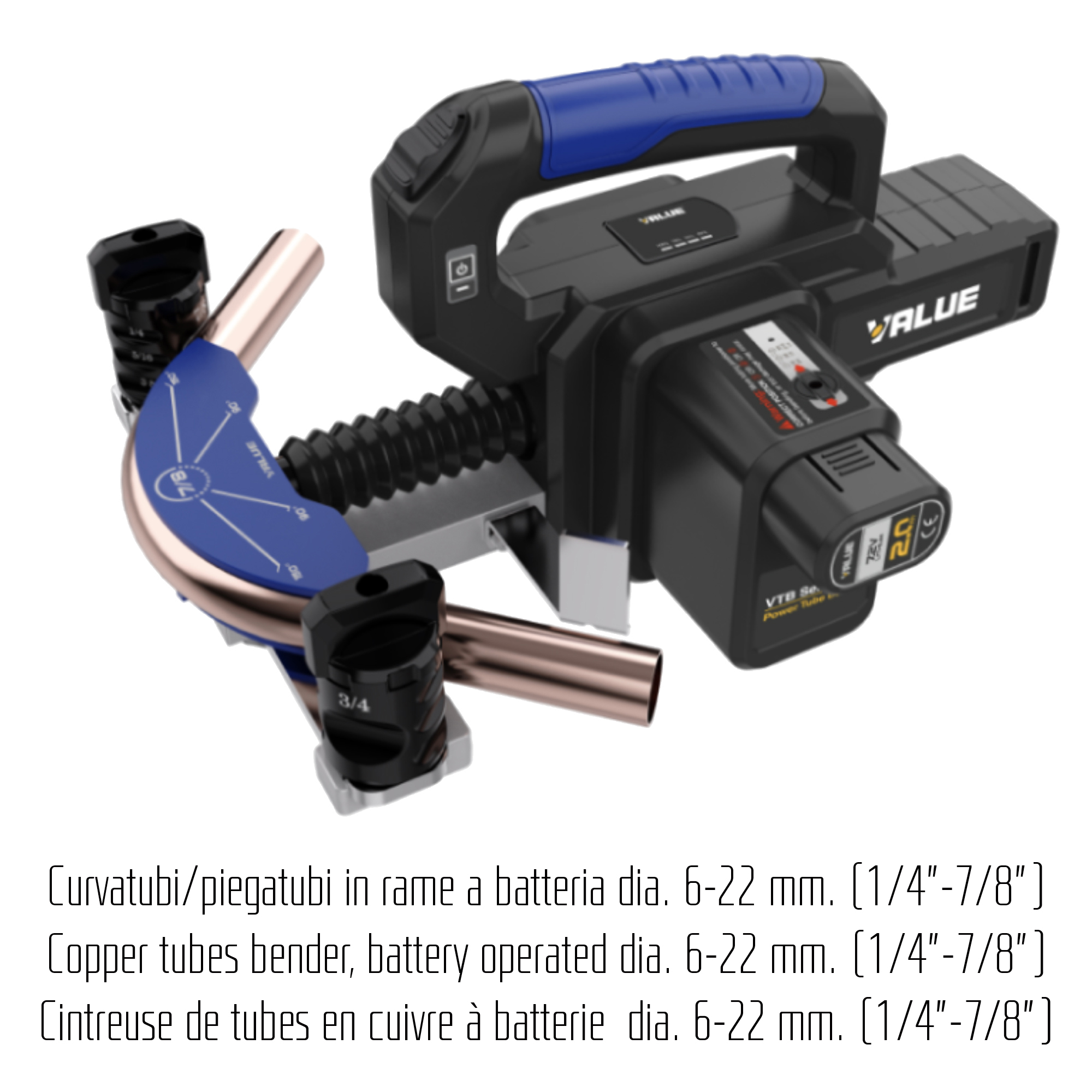 VALUE VTB-22L battery-operated copper tube bender (HVACR) - for tubes dia. ¼ (6mm), 5/16 (8mm), 3/8 (10mm), 1/2 (12mm), 5/8 (16mm), 3/4 (19mm), 7/8 (22mm)