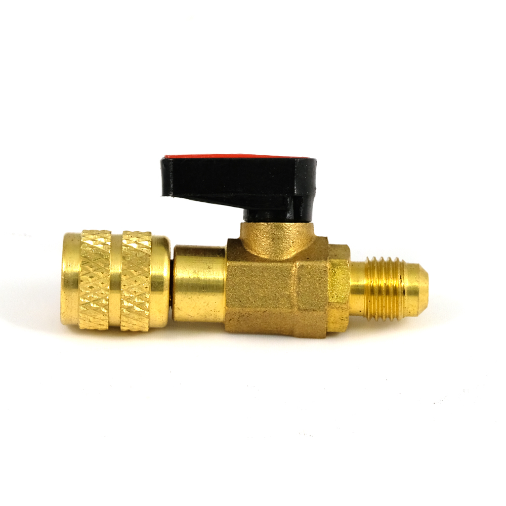 Adapter with valve - inlet female 1/4 SAE RH - outlet male 1/4 SAE RH, with depressor pin