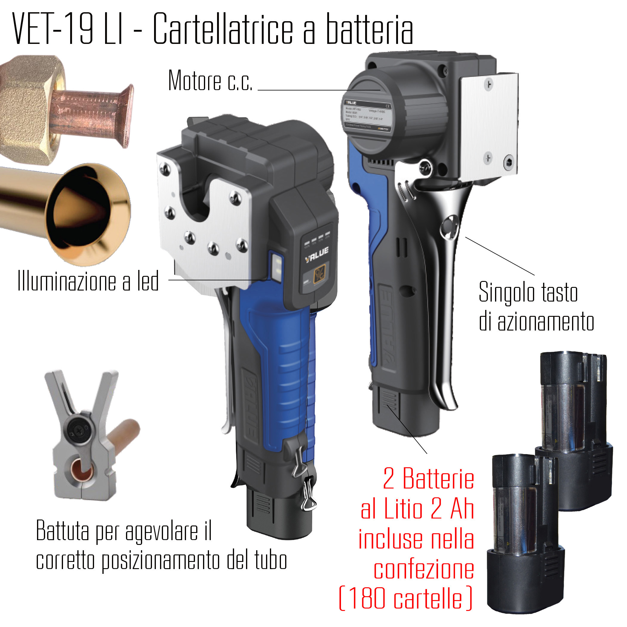 VALUE Flaring tool, battery operated VET-19LI for copper pipes dia. 1/4, 3/8, 1/2, 5/8 e 3/4 (clamps for copper pipes with metric sizes available separately) - with 2 batteries