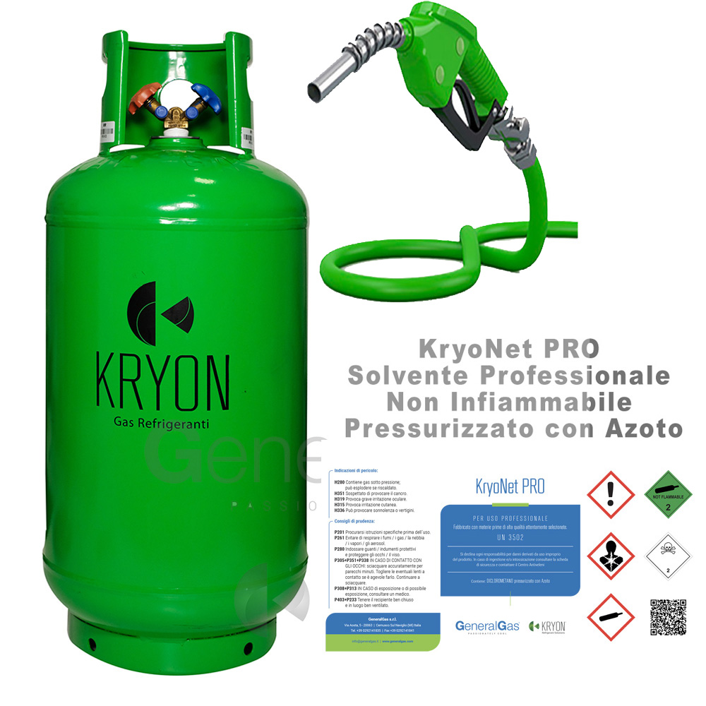 KryoNet Pro solvente uso professionale, non infiammabile, per impianti A/C e refrigerazione, pressurizzato con azoto, in bombola a rendere da  40 litri - 30 kg