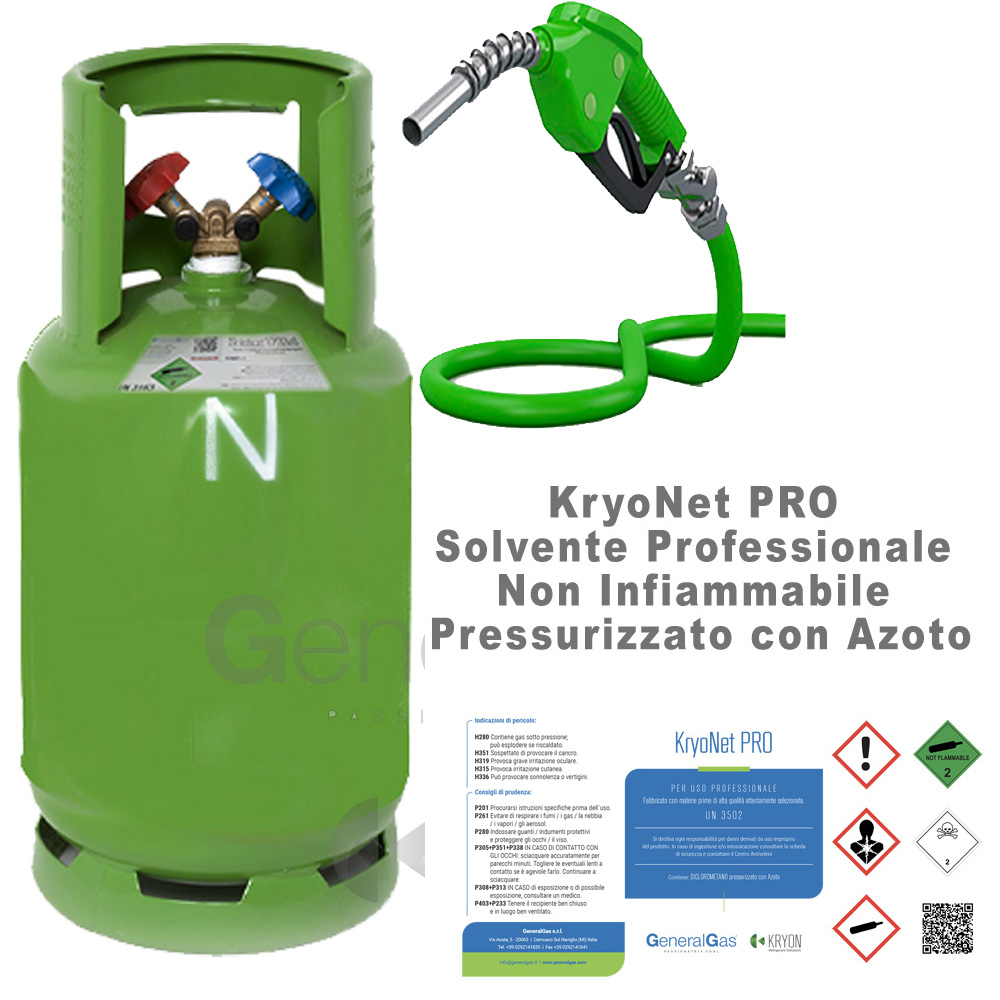 KryoNet Pro - solvente uso professionale, non infiammabile, per impianti A/C e refrigerazione, pressurizzato con azoto, in Bombola a rendere da 13 litri - 10 kg