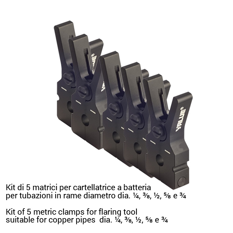 VALUE Kit di 5 matrici per cartellatrice a batteria VET-19LI - per tubazioni in pollici diametro ¼, ⅜, ½, ⅝ e ¾ - Foto 1 