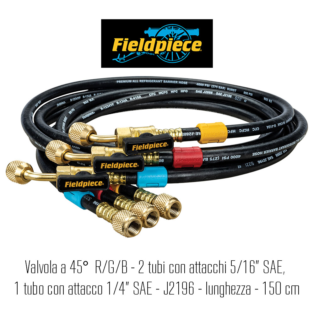 Kit n° 3 tubi originali di carica Fieldpiece a quadruplo strato, con valvola a 45° R/G/B - N° 2 con attacchi 5/16 SAE, n° 1 con attacco 1/4 SAE - J2196 L - 150 cm - codice Fieldpiece HR3BM