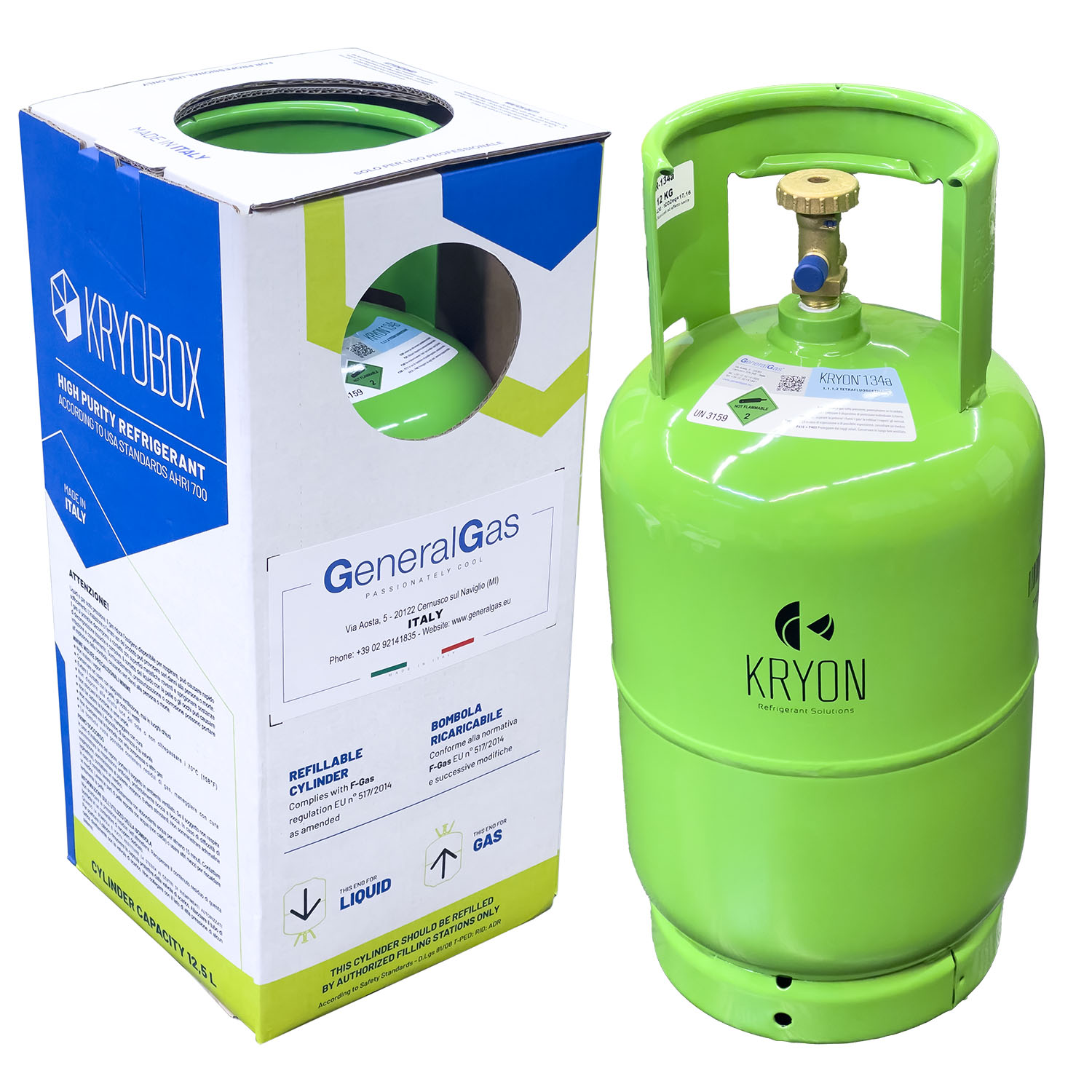 R134a Kryon® RAC in Bombola KryoBox 12,5 Lt - 12 Kg / 48 bar (valvola a volantino 1/4)