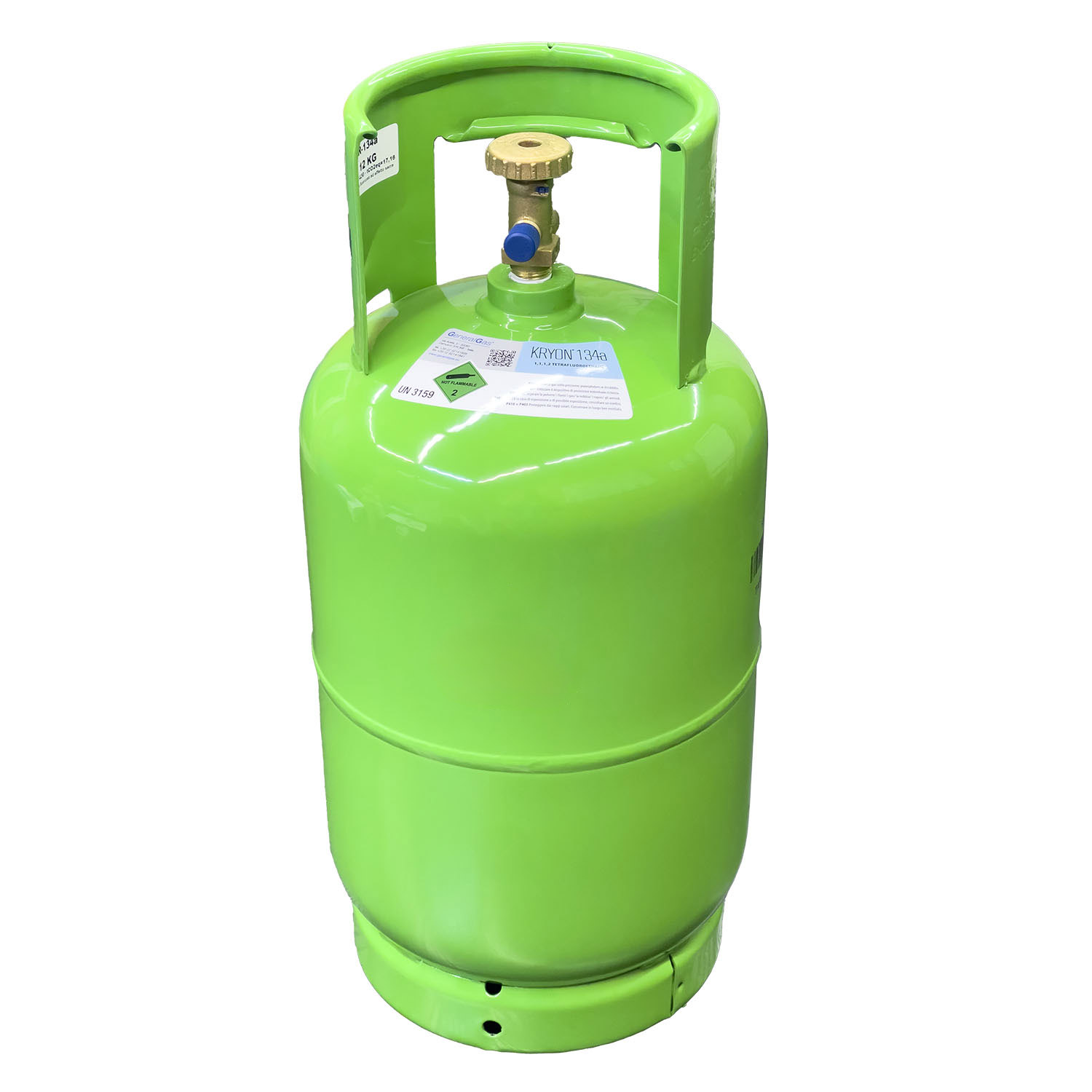 Refillable empty cylinder T-PED 12.5 liters - 48 bar connection 17E, complete with single-phase handwheel valve (gas) outlet 1/4 SAE Flare - 7/16 20 UNF + safety valve (green)