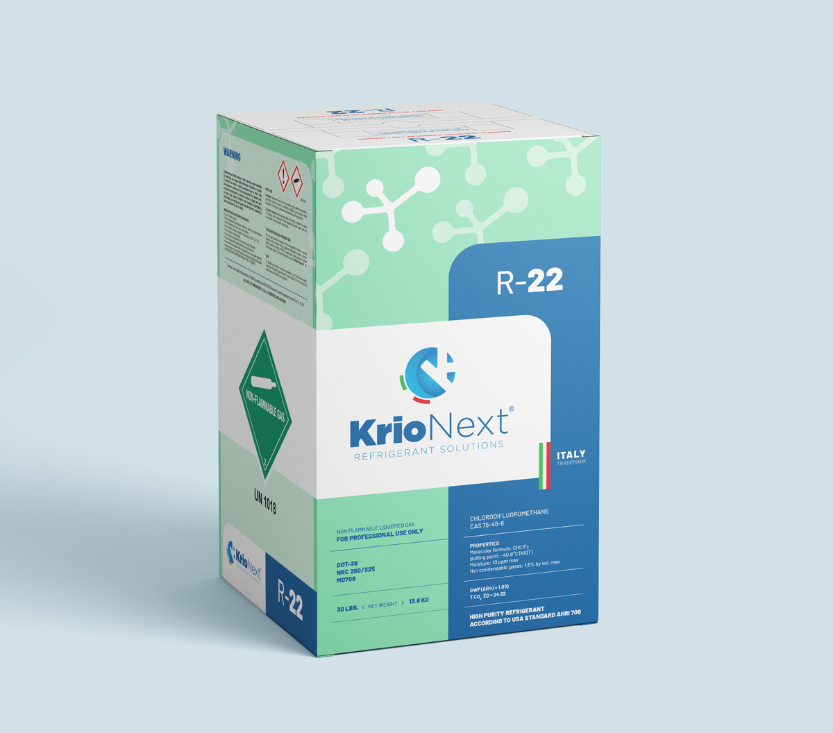R22 KrioNext® 22 in DOT39 non-refillable cylinder 13,77 Lt/22 Bar - 13,6 Kg/30 lb - Quality meets AHRI700-2019 USA standard