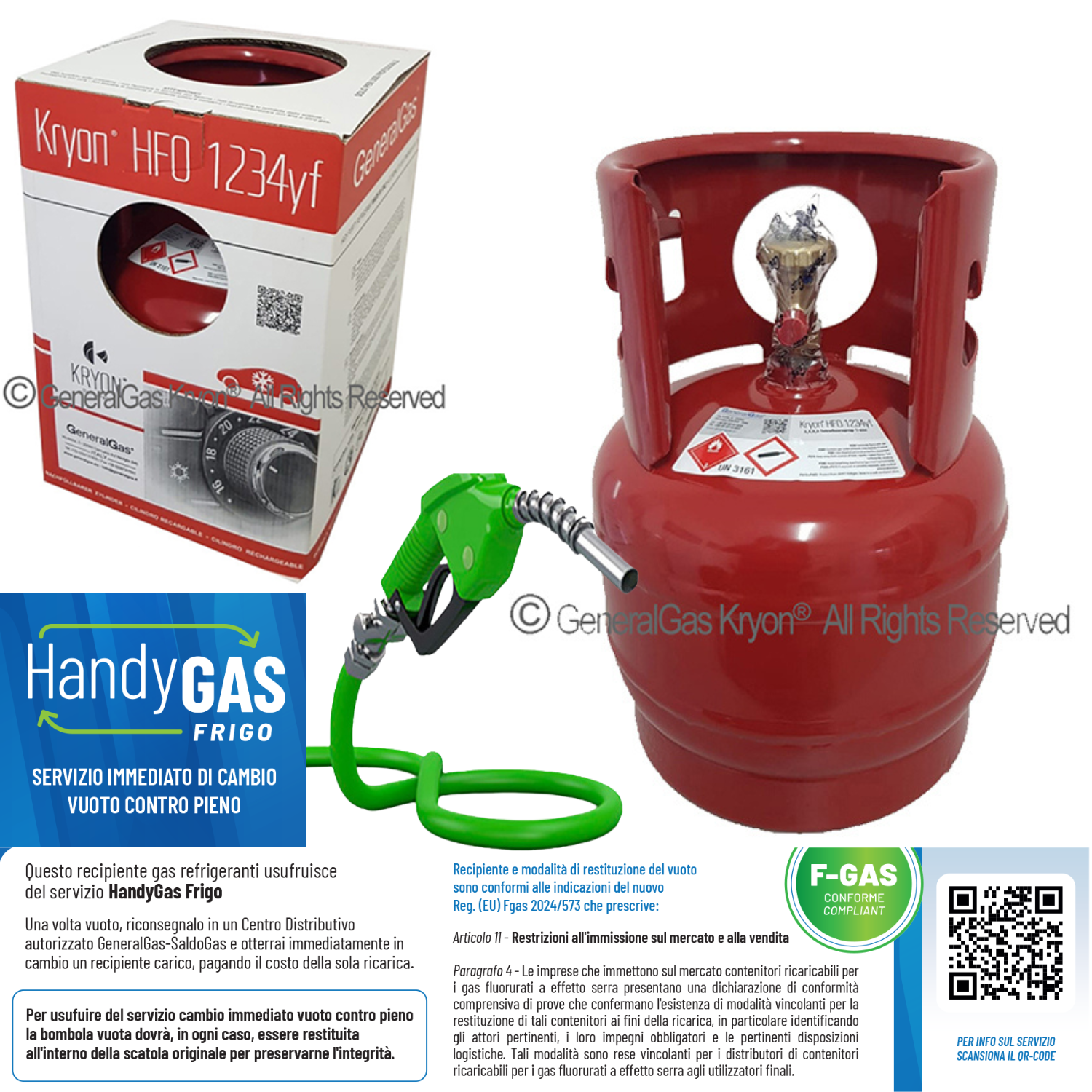 HandyGas Frigo refill (immediate empty-to-full exchange) Kryon® HFO 1234yf in KryoBox 6 Lt /42 Bar cylinder (5 kg of R1234yf)