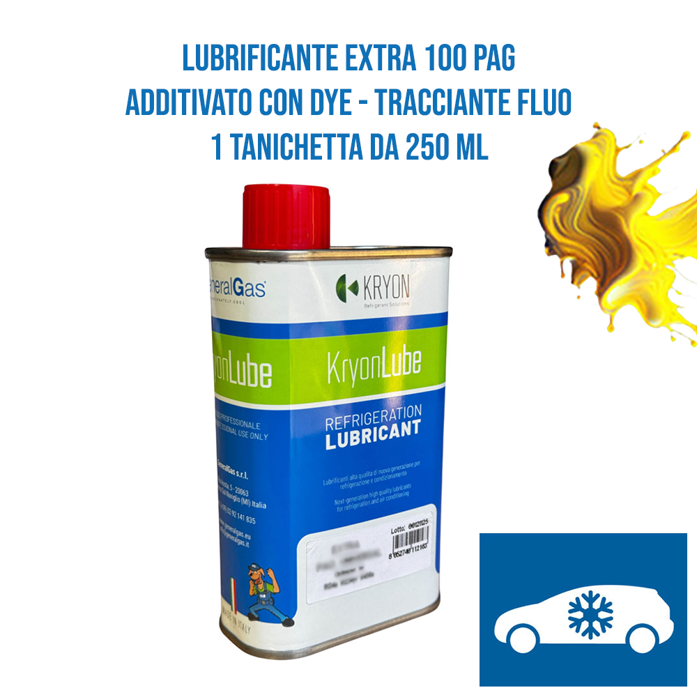 Olio Lubrificante AUTO KryonLube EXTRA 100 PAG - additivato con tracciante fluorescente (dye) -1 tanica in metallo da 250ml