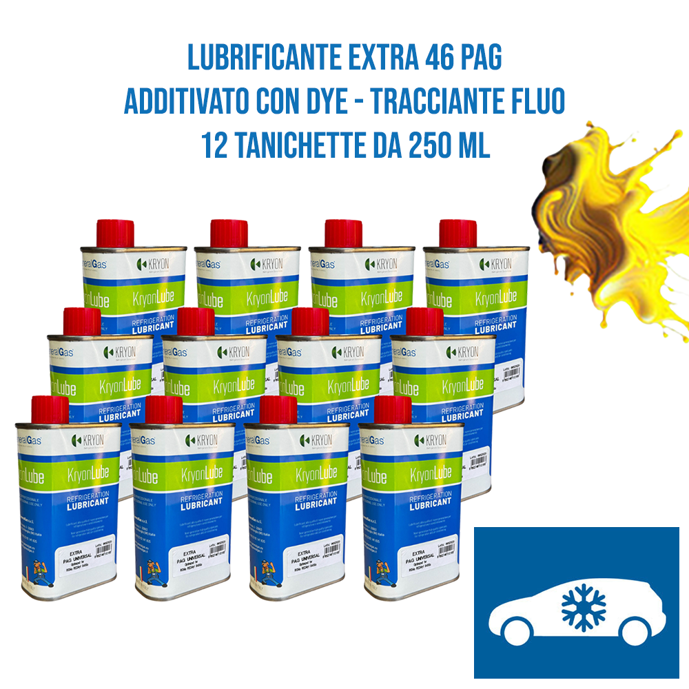 Olio Lubrificante AUTO KryonLube EXTRA 46 PAG - additivato con tracciante fluorescente (dye) -12 taniche in metallo da 250ml