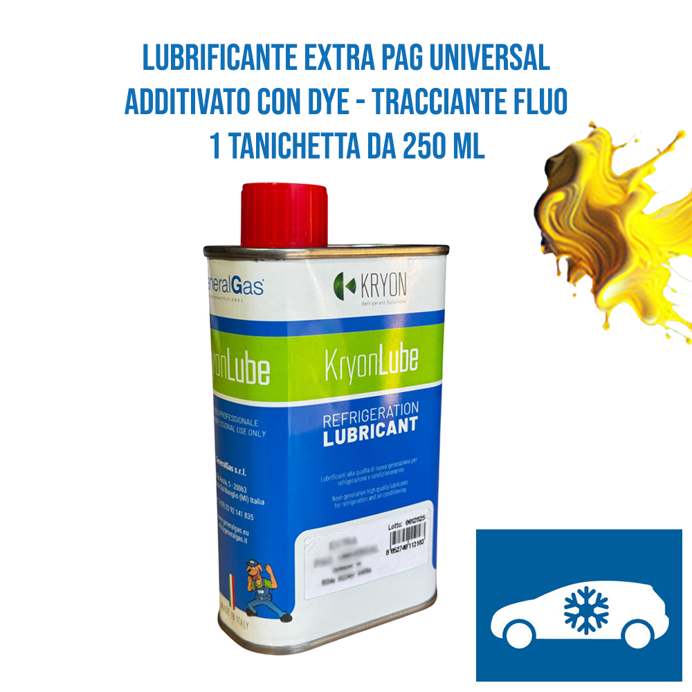 Olio Lubrificante AUTO KryonLube EXTRA Universal PAG per R134a e R12434yf - additivato con tracciante fluorescente (dye) -1 tanica in metallo da 250ml