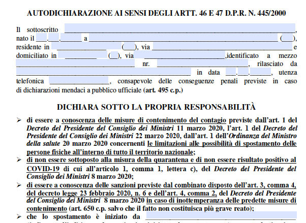 Autocertificazione in formato Acrobat PDF editabile, conforme al DPCM 22/3/2020