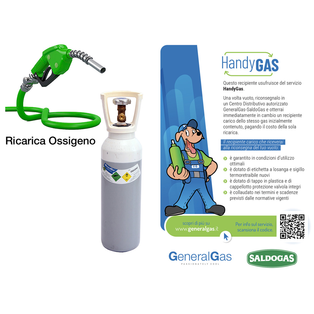 Ricarica HandyGas (cambio immediato vuoto contro pieno) bombola OSSIGENO 5 lt - 200 bar - 1 mc di ossigeno tecnico